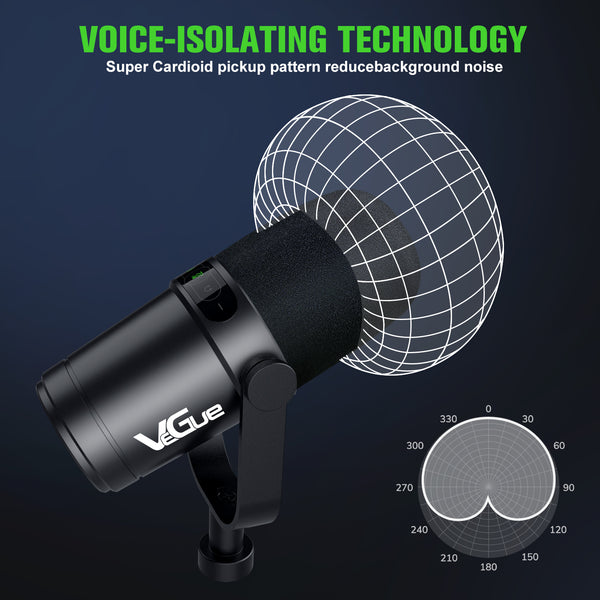 VeGue USB/XLR Vocal Dynamic Microphone for Podcasting, Gaming, Recording & Live Streaming, All Metal Cardioid Mic with Tap-to-Mute Button, Built-in Headphone Output, Voice-Isolating Technology Black