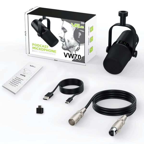 VeGue USB/XLR Vocal Dynamic Microphone for Podcasting, Gaming, Recording & Live Streaming, All Metal Cardioid Mic with Tap-to-Mute Button, Built-in Headphone Output, Voice-Isolating Technology Black